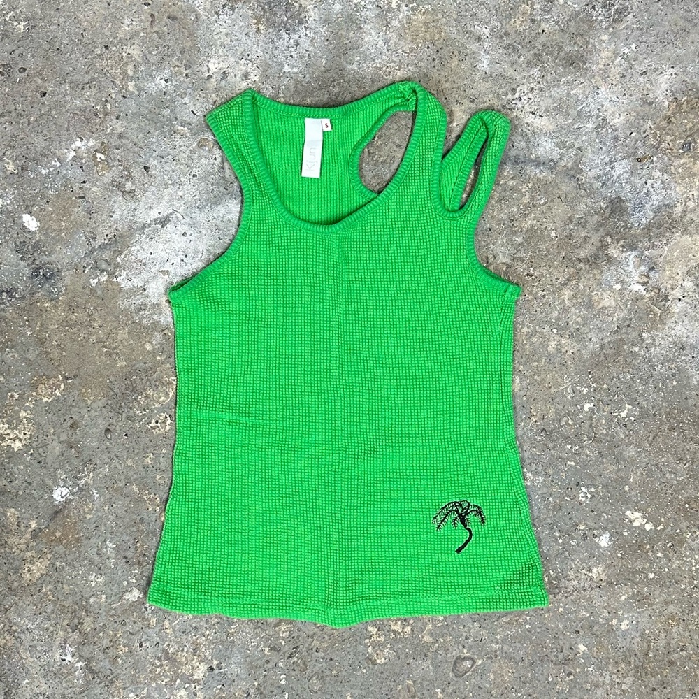 Kijun Green Asymmetrical Cut Out Waffle Knit Tank Top